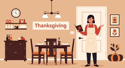 Woman Preparing Thanksgiving Dinner And Checking Recipe In The Dining Room