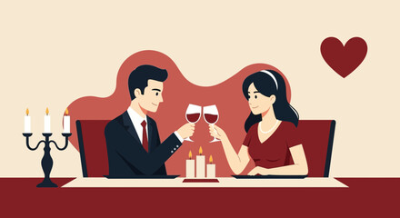 Romantic dinner illustration of a couple celebrating love and romance with wine