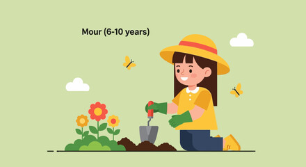 Youngster Enjoying Planting Flowers In The Garden On A Sunny Day