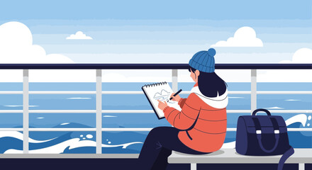 Woman Sits On The Deck Of A Cruise Ship And Draws The Landscape