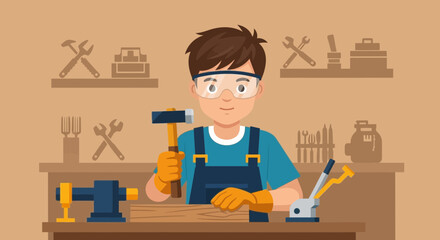 Young Artisan Hammering Wood In Workshop Cartoon Skill And Creation