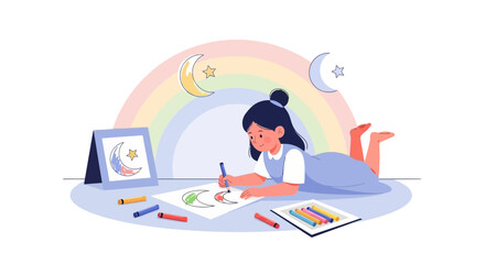 Young Artist At Work Drawing Crescent Moons Under A Rainbow Illustration