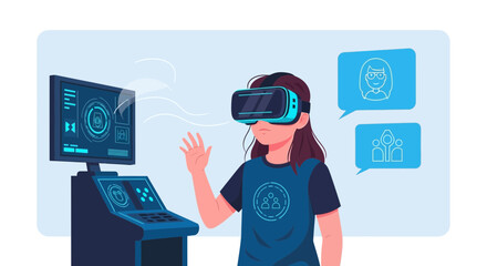 Young Girl Immersed In Futuristic Virtual Reality Simulation Experience