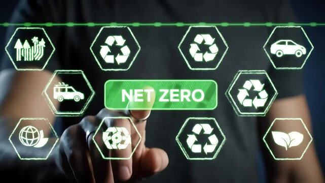 Hand selecting "Net Zero" option on a digital interface with environmental icons