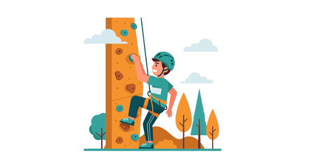 Young Man Actively Climbing An Indoor Wall In Cartoon Illustration Style