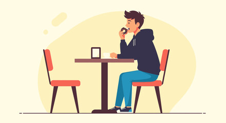 Young Man Enjoying A Donut And Using His Tablet In A Cafe Setting