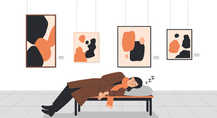 Woman Asleep on Bench in Art Gallery Amidst Paintings Exhibiting Fatigue