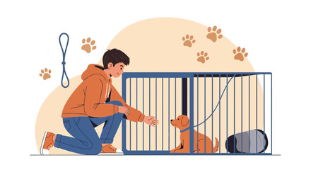 Young Man Interacting With Puppy In A Crate Encouraging Training For Affection