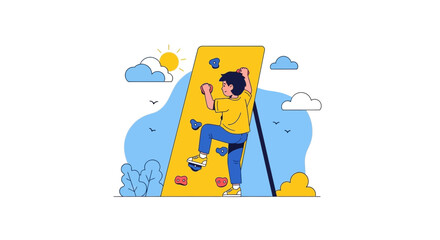 Fototapeta premium Young Boy Ascending A Climbing Wall With Bright Sun In The Background