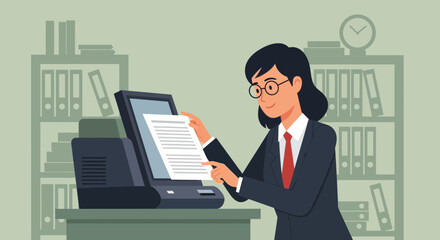 Smiling Professional Woman Scanning Document at Modern Office with Shelves