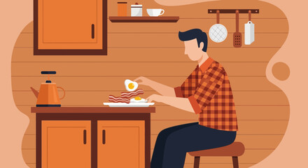 Young Man Preparing Breakfast At Kitchen Counter On A Casual Morning