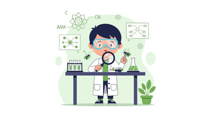 Young Boy Conducts Research With Magnifying Glass In Scientific Laboratory