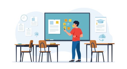 Young Man Presenting Ideas On A Blackboard For Business Or Education