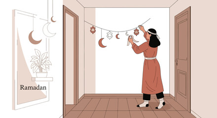 Woman Decorating Her Home With Crescent Moon Ornament For Ramadan Celebration