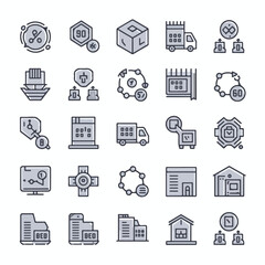 Fototapeta premium Monochrome Supply Chain Line Icons Set – 56+ Vector Logistics, Manufacturing, and Transport Symbols