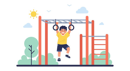 Young Boy Having Fun Hanging On Gymnastic Rings At The Playground