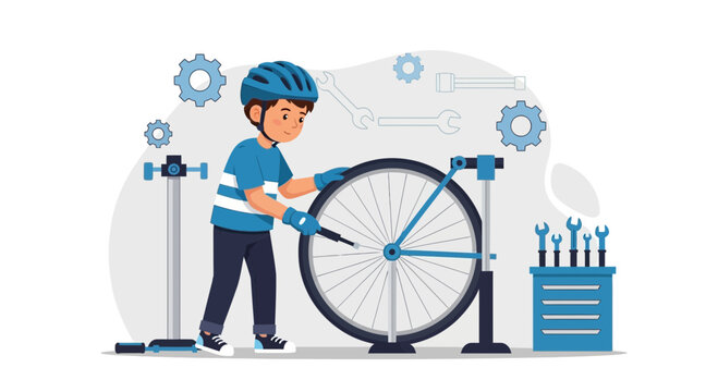 Young Mechanic Adjusting Bike Tire Professionally In Workshop