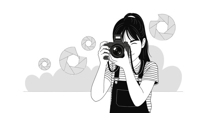 Young Photographer Capturing the Moment with Camera Aperture Background