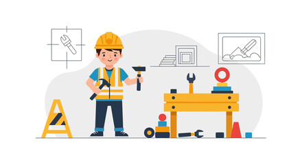 Young Builder With Tools On White Background Ready For Construction