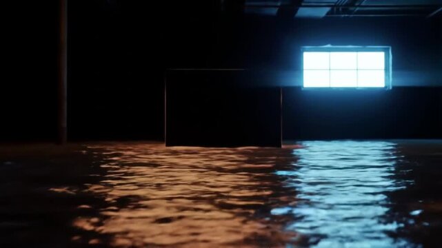 A mysterious glowing window illuminates the rippling water in a dark, flooded basement.