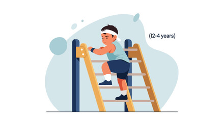 Young child energetically climbing a ladder outdoors, demonstrating healthy activity and adventurous play, enhancing physical development