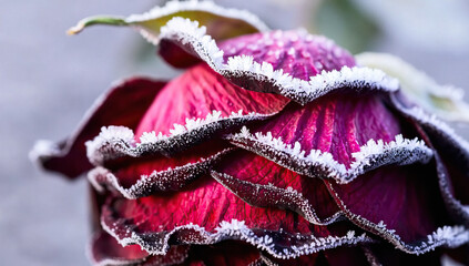 Obraz premium Frost-Covered Dark Red Rose Close-Up