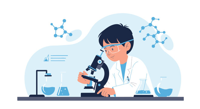 Young Scientist Using Microscope In Lab Concept Illustration Design