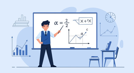 Young Teacher Explaining Mathematical Problems on Whiteboard Illustration