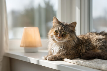 fluffy cat is lounging on pristine white table with ultrabright activity indicator nearby