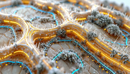 Abstract 3D Render: Interconnected Pathways with Luminescent Lines and Crystalline Formations
