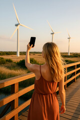 Young Blonde Woman Capturing Wind Turbines at Sunset on Wooden Bridge