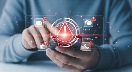 Person interacting with a digital interface displaying cybersecurity warnings and alerts