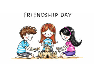 Friendship Day: Three Kids Building a Sandcastle