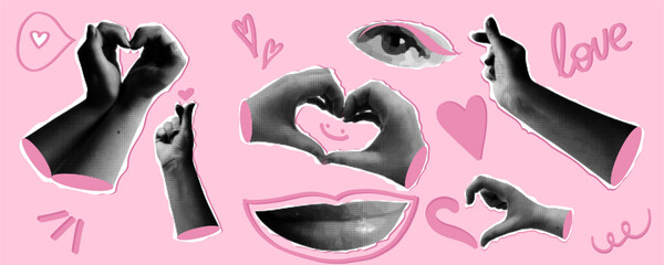 black and white halftone collage with hands forming hearts and love gestures. vintage retro paper cutout style on pink background. concept of valentine day and romantic visual art