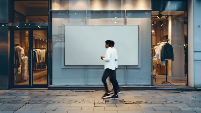 A large flat screen television in the window of a retail store promoting technology products. Digital advertisement.