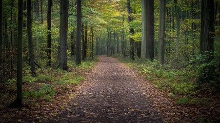 Fototapeta premium Autumnal forest path, leaf-covered trail