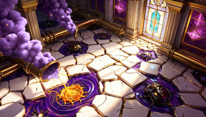 3D Render: Golden Pipes, Purple Liquid, and Scarab Beetles on Cracked Stone Floor
