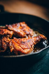 Tender chicken pieces are being cooked to perfection in a cast iron skillet, releasing delicious aromas in a warm kitchen. This home-cooking moment captures flavor and warmth