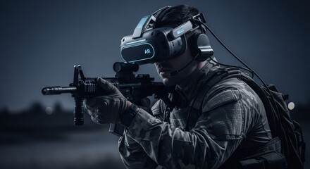 Man soldier in camouflage uniform equipped with augmented reality glasses and a rifle, futuristic military training concept for defense.