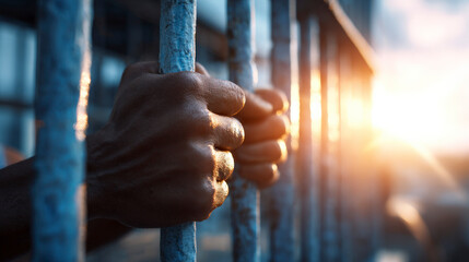 A man is holding a bar of a prison cell