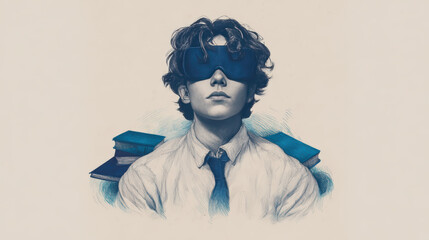 A stylized drawing of a young man wearing a blindfold, dressed formally with a tie and books behind him, suggesting themes of knowledge and ignorance.