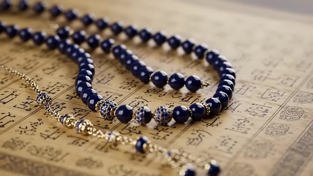 Dark blue beaded necklaces on an antique book
