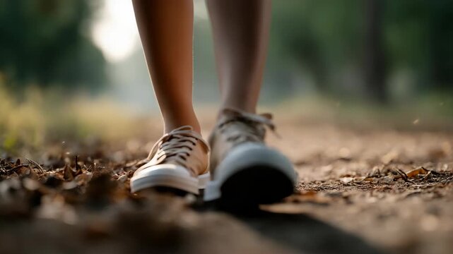 Closeup sequence of sneakers walking through sunlit leafcovered path in nature