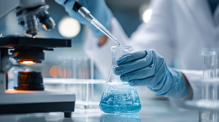 Fototapeta premium A scientist is holding a beaker filled with blue liquid