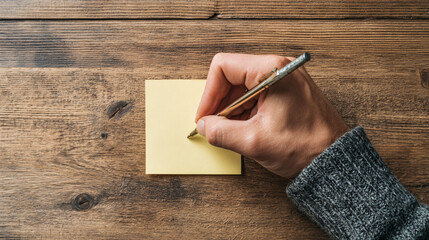 Writing Note: A person's hand writing with a pen on a yellow sticky note, on top of wooden table with a clear perspective.