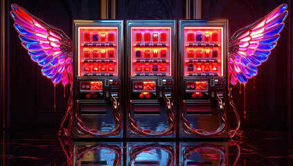 Three Vending Machines with Stylized Wings