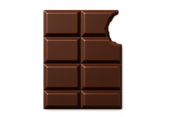 Delicious milk chocolate bar with a bite taken out on transparent background