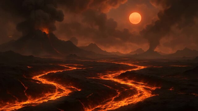 Standing on a volcanic world, glowing rivers of lava cut across the terrain, ash clouds and a dim orange sun overhead
