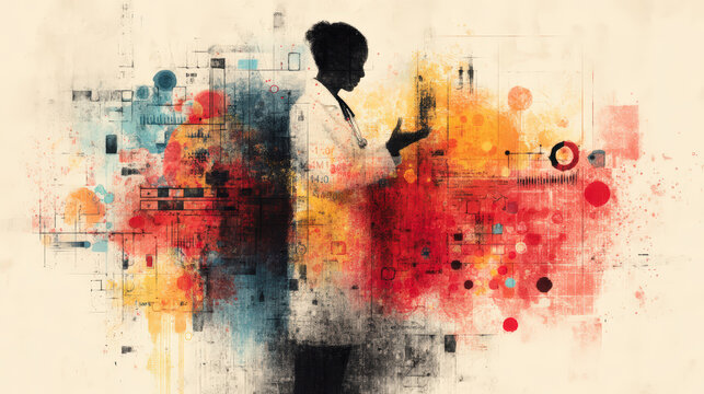 Abstract digital art of a medical professional silhouette surrounded by colorful data points and geometric shapes symbolizing healthcare and technology integration. - Powered by Adobe