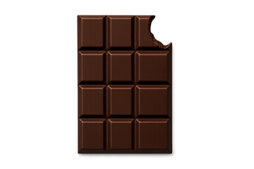 Delicious dark chocolate bar with a bite missing on transparent background